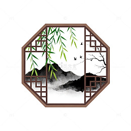 水墨风中式窗景山水画设计素材