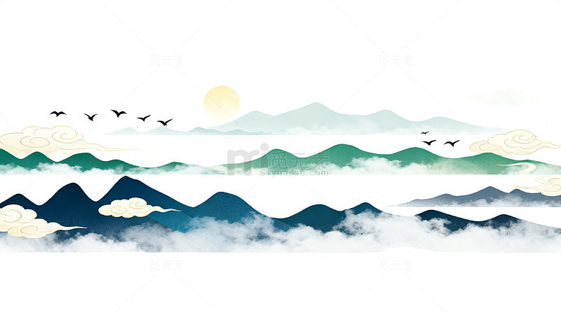 水墨风山水云雾飞鸟插画设计素材