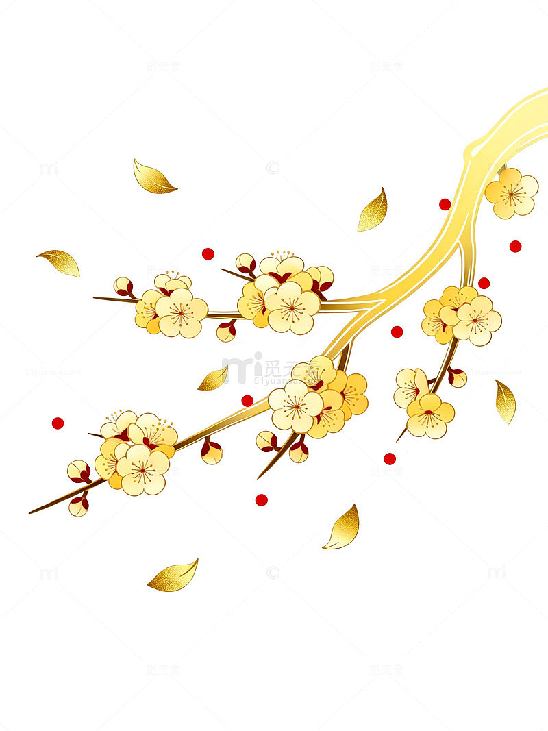 矢量风梅花枝条金色花朵设计素材