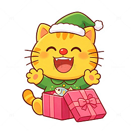 卡通风圣诞猫开礼盒免扣元素素材