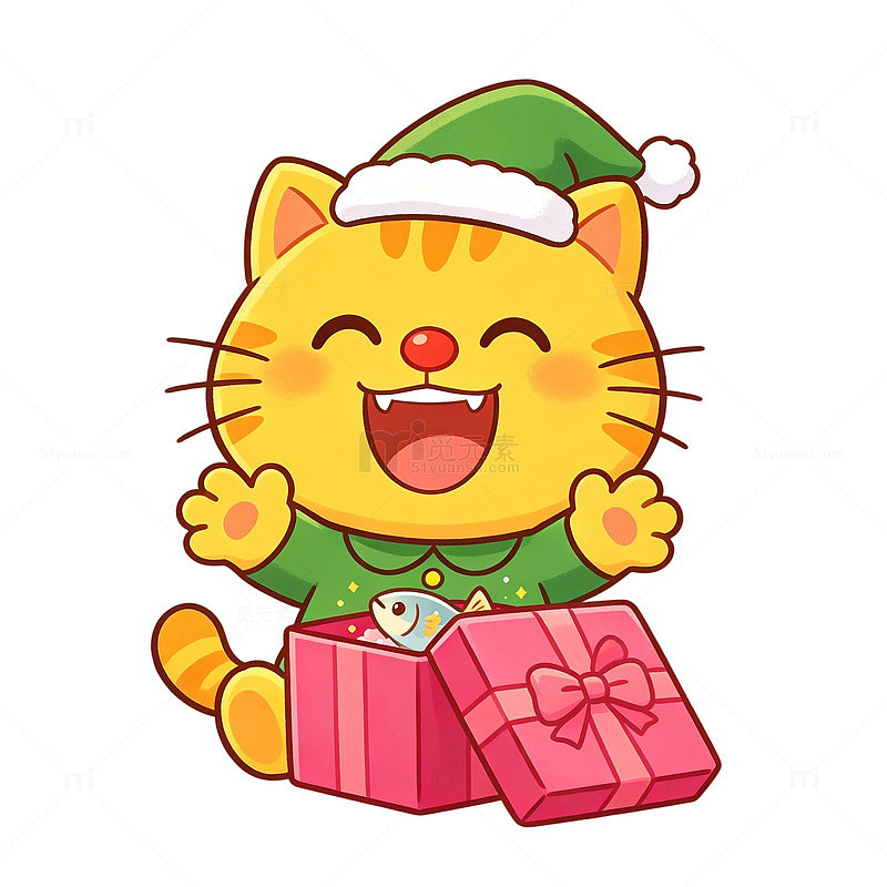 卡通风圣诞猫开礼盒免扣元素素材