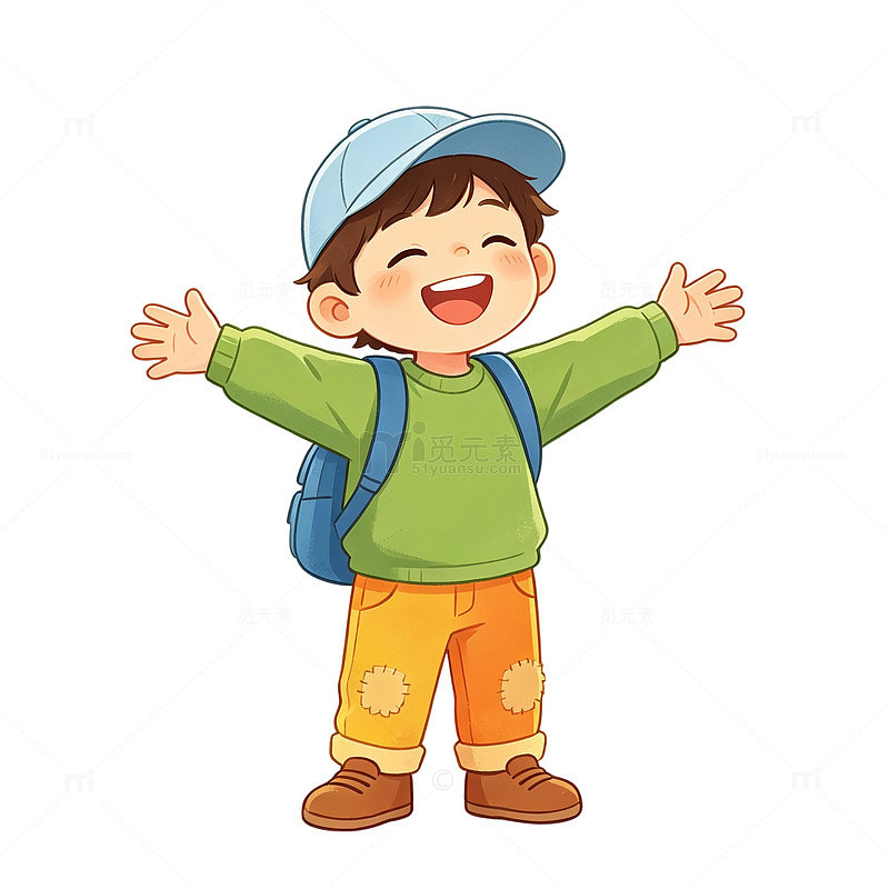 卡通风快乐男孩开心张臂矢量免扣元素素材