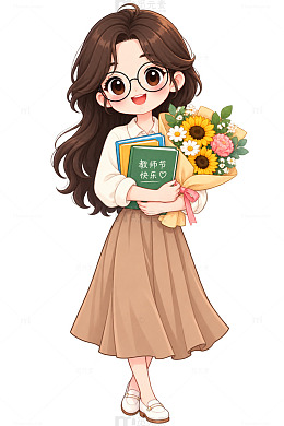 卡通风教师节女孩手绘捧花设计素材
