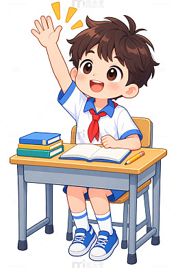 卡通风小学生举手课堂插画素材