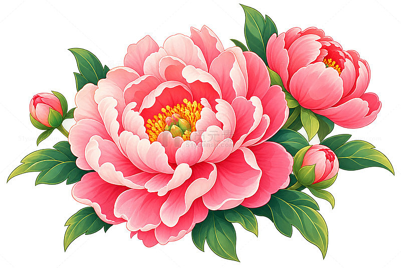 工笔风牡丹花盛开插画设计素材