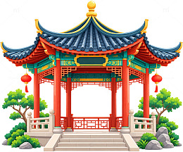卡通风中式亭子建筑插画设计素材