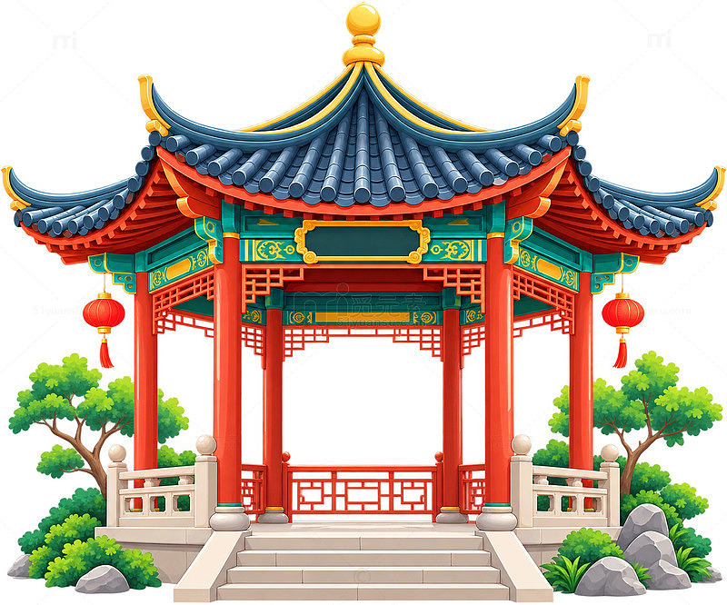 卡通风中式亭子建筑插画设计素材