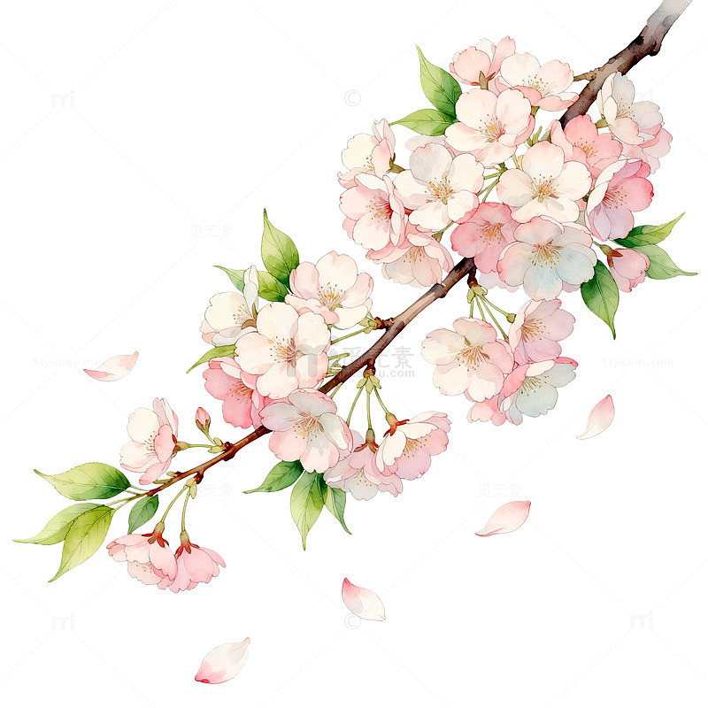 水彩风樱花枝条手绘花卉设计素材
