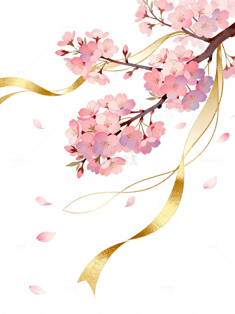 水彩风樱花枝金色丝带插画设计素材
