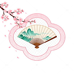 国风樱花扇面山水插画设计素材