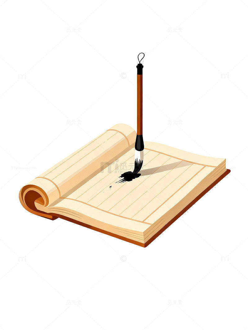 卡通风格毛笔书写古籍卷轴设计素材