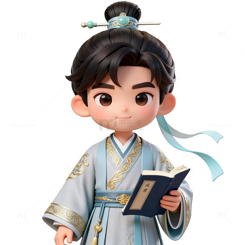 Q版古风少年读书手办设计素材
