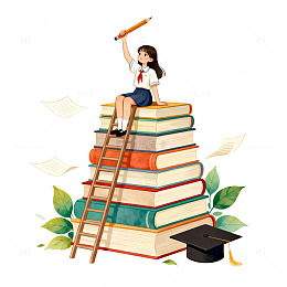卡通风学生读书堆书梯子设计素材