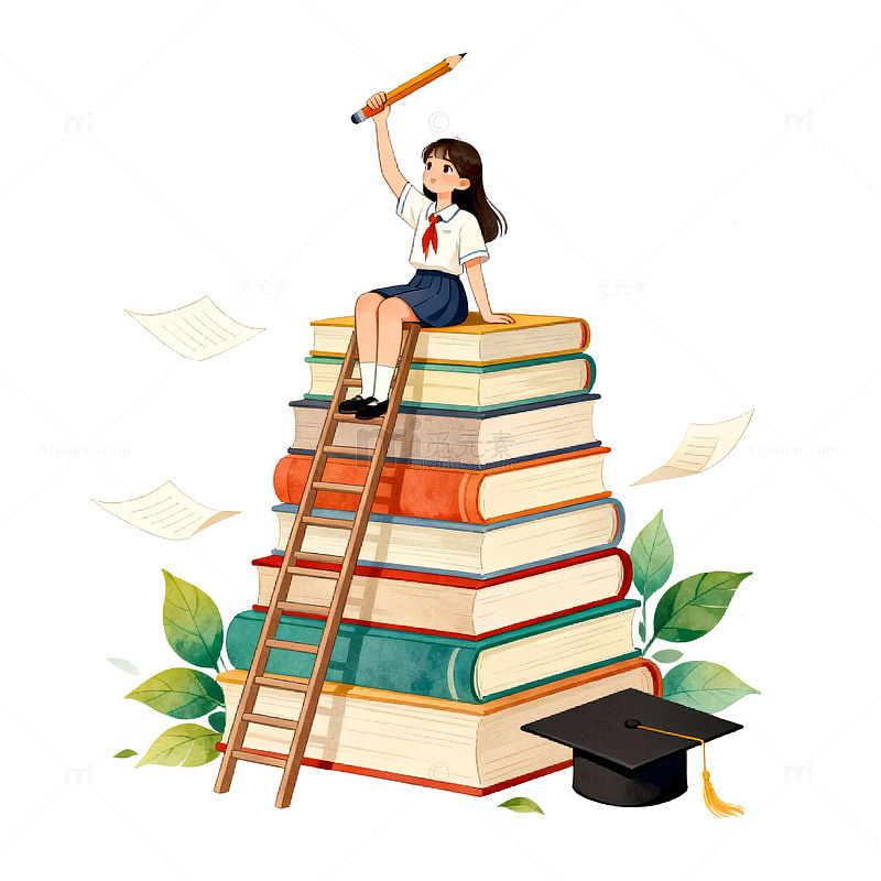 卡通风学生读书堆书梯子设计素材