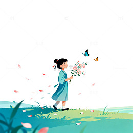 插画风春日少女采花场景设计素材