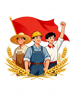 卡通风劳动人民红旗麦穗插画设计素材