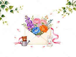 水彩风春天信封花束手绘插画设计素材