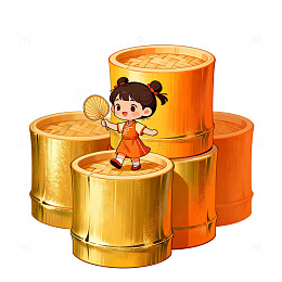卡通风小女孩金桶堆叠插画设计素材