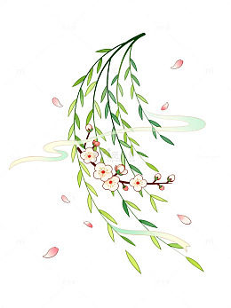 水墨风春日垂柳桃花插画设计素材