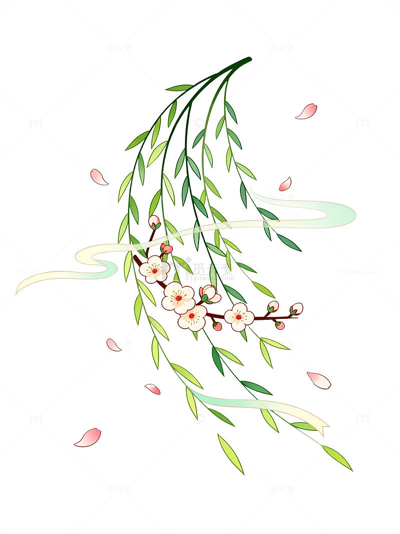 水墨风春日垂柳桃花插画设计素材